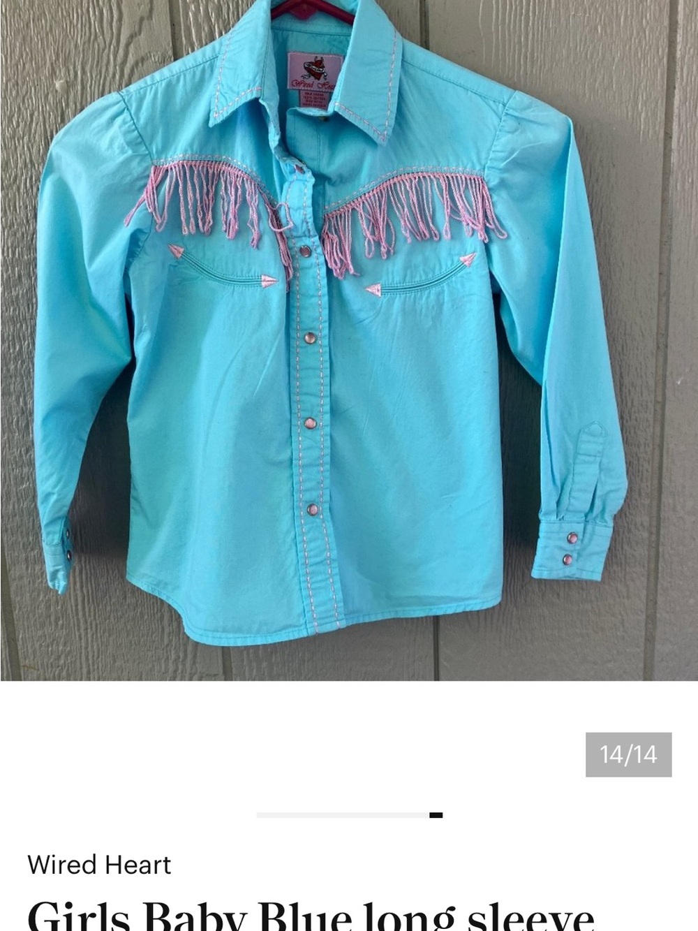 Wired Heart Girls Baby Blue long sleeve western shirt with pink fringe
Size M